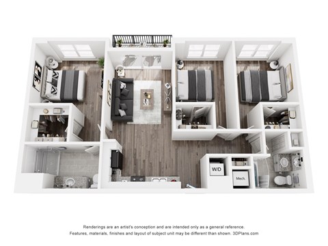 Floor plan for 3 beds, 2 baths, 1197 sqft
